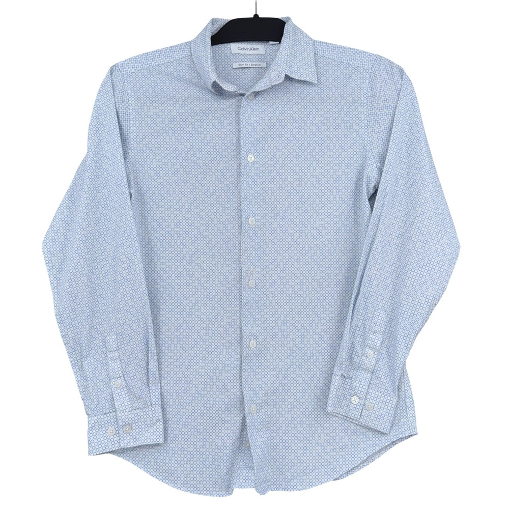 Calvin Klein Slim Fit Stretch Mens 16 Cotton Blend Blue Circle Print Button Down
